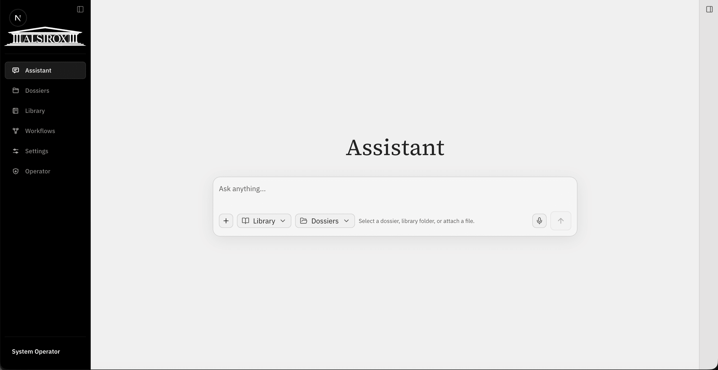 Alsirox Assistant screen with a central ask box, library controls, dossier controls, and navigation sidebar.